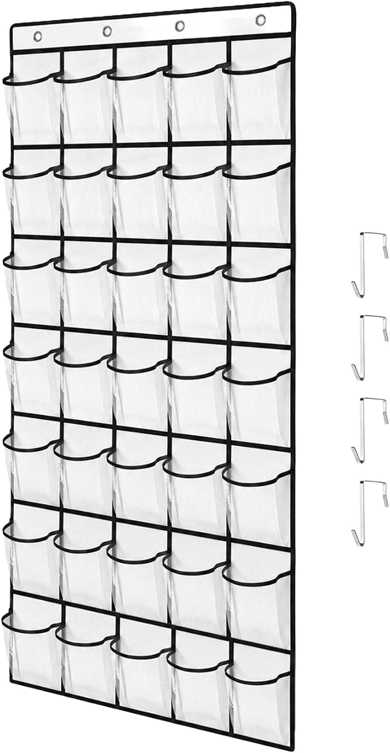 35 Pockets Over The Door Shoe Organizer, Large Breathable Mesh Hanging Shoe Rack with 4 Metal Hooks, Space Saving White Over Door Shoe Storage Holder Mesh Bag for Closet Entryway Bedroom Pantry