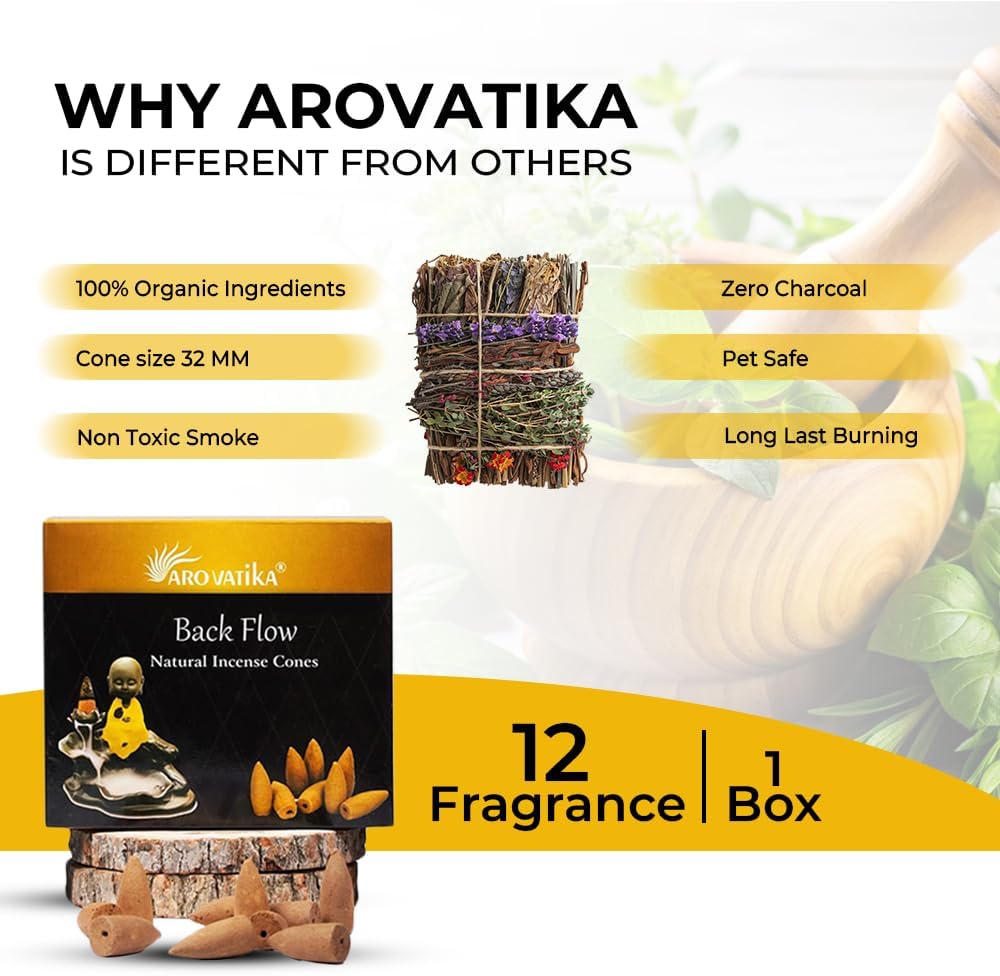 ARO VATIKA Backflow Natural Masala 120 Incense Cones | Pack of 11 Different Assorted Fragrances | for Home Fragrance & Prayers | Size 32mm | Burn Time- Approx 18 Minutes