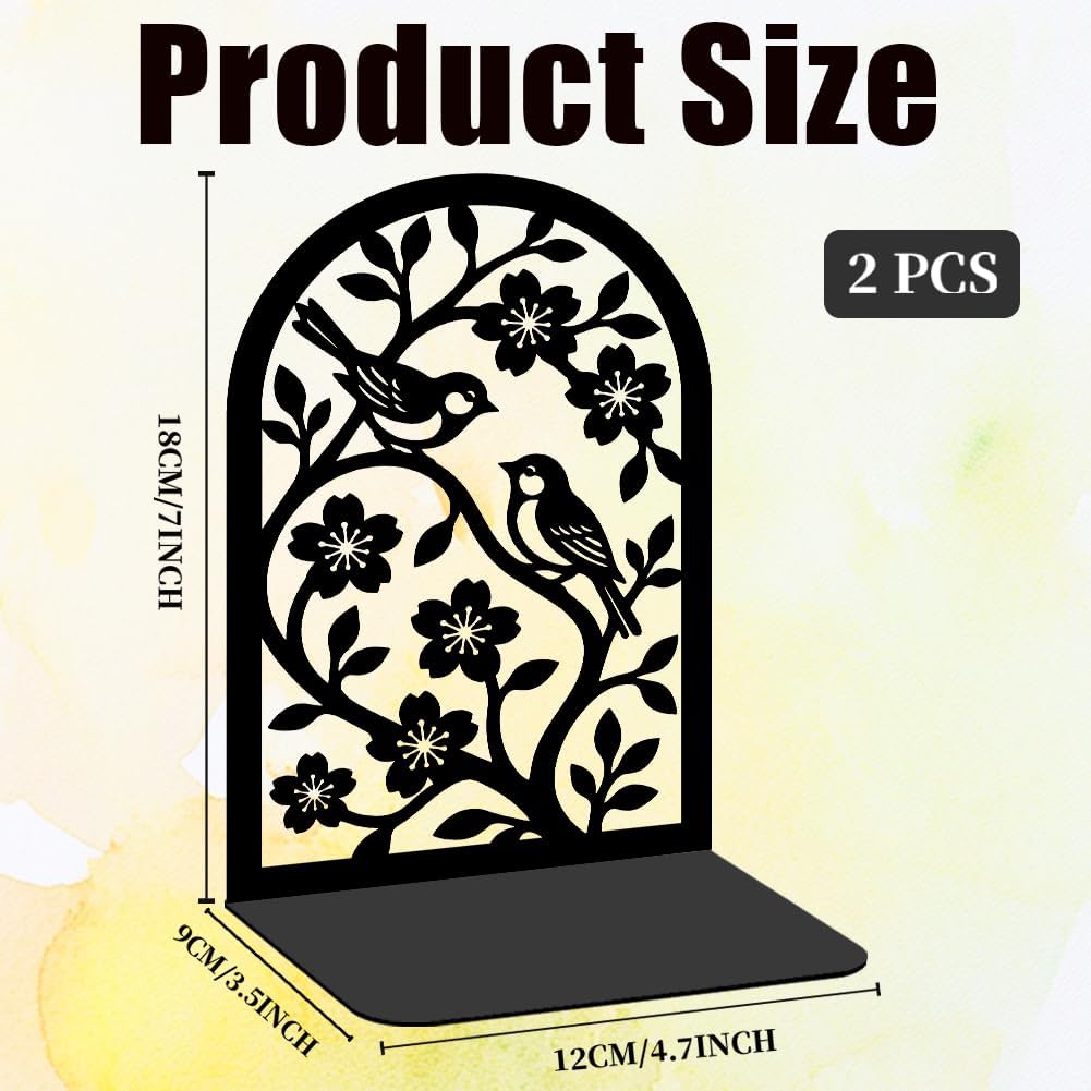 1 Pairs Flower & Birds Design Black Metal Bookends for Shelves
