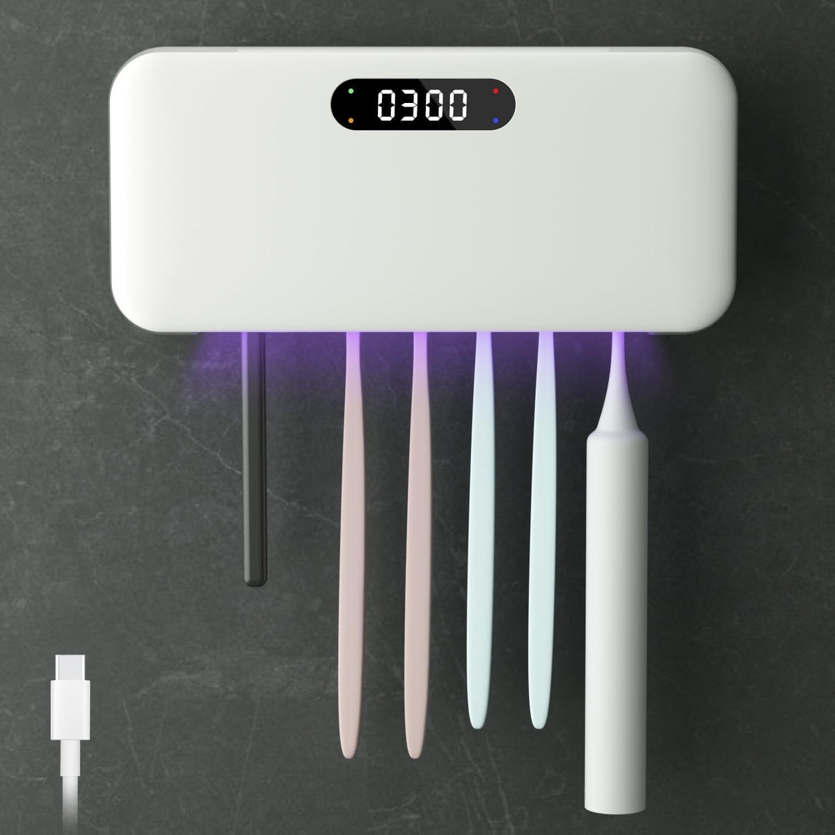 UV Toothbrush Sanitizer and Holder for Bathroom, 5 Toothbrush Slots for Family with Fan and PTC Heat Drying, Type-C Charging, No-Drill Wall Mount