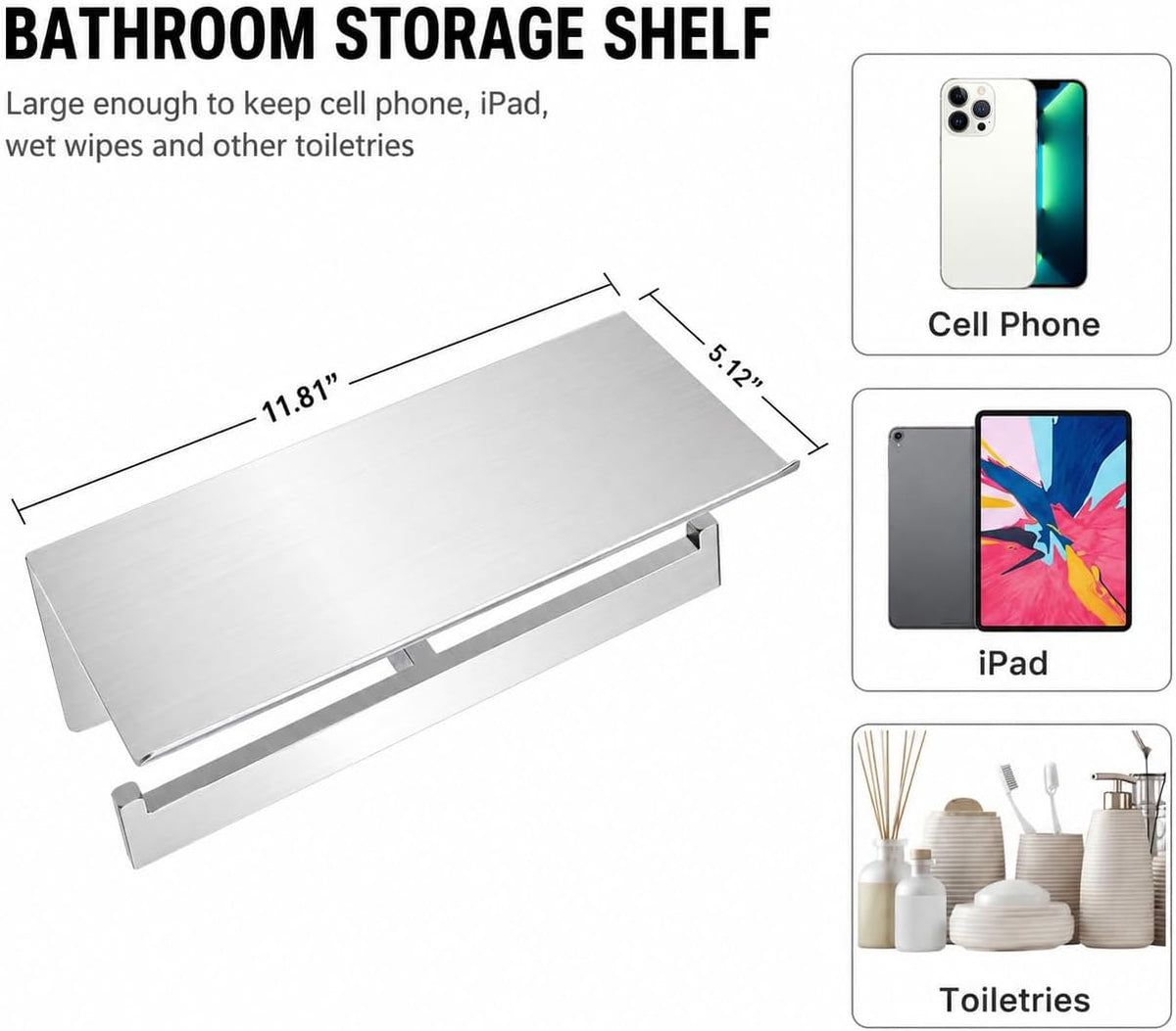 Double Toilet Paper Holder with Shelf,Idealmax Toilet Paper Holder Brushed Nickel,Large Commercial Toilet Paper Dispenser Phone Shelf, Wall Mounted Tissue Roll for Bathroom, Stainless Steel
