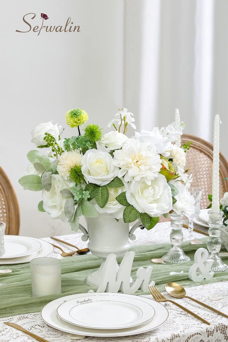 Serwalin White Artificial Flowers Combo, Silk Rose Flowers for Wedding
