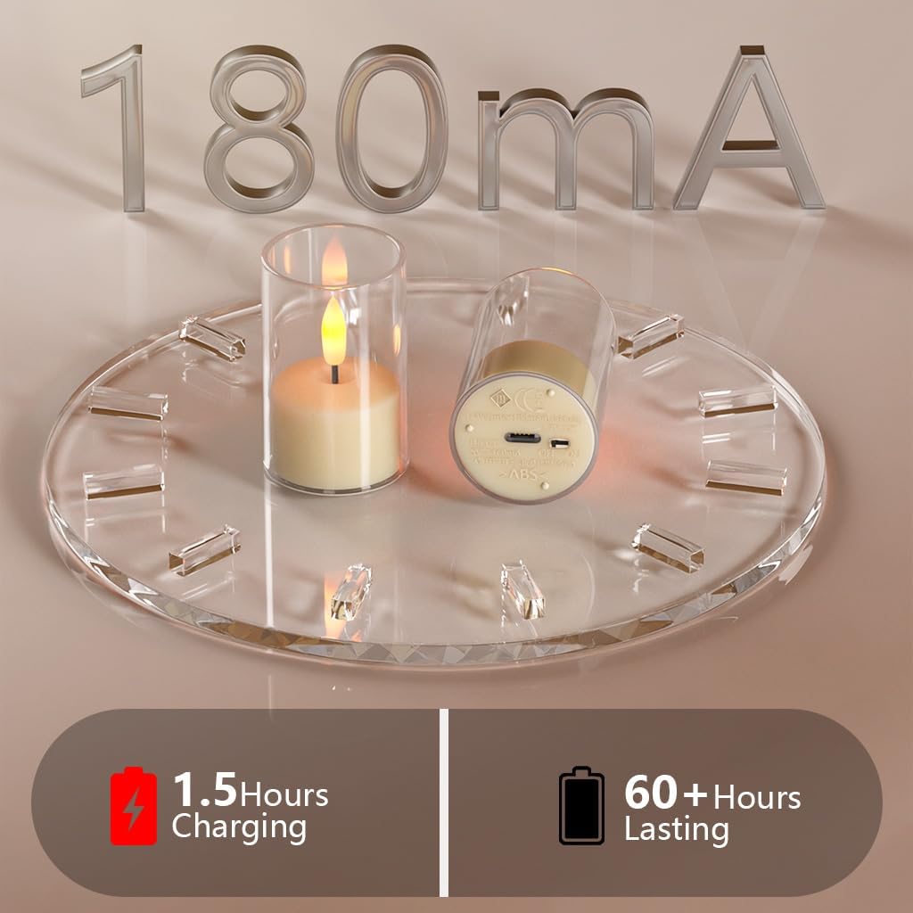 Rechargeable Flameless Tea Light Candles with Remote Timer,Clear Acrylic LED Votive Candles,USB-C Fast Charging,60+ Hour Runtime,Dimmable Flickering&Steady Glow for Home,Wedding,Holiday Decor,6 Pack