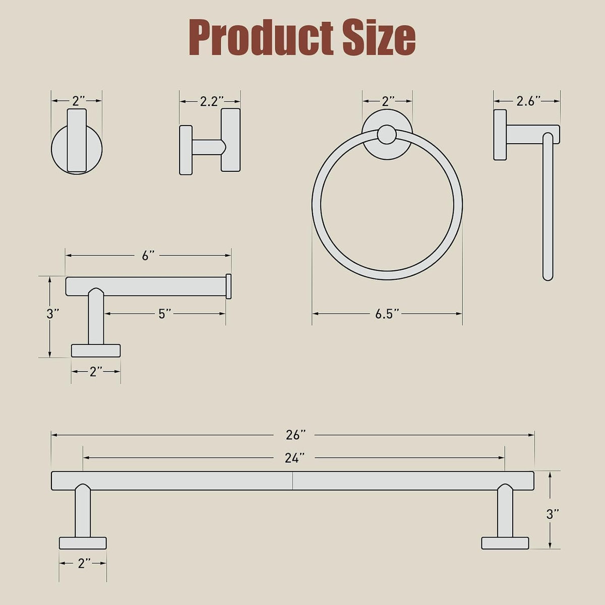 Luxbaro 24 Inch Brushed Gold Bathroom Accessories, Thicken, 5-Piece
