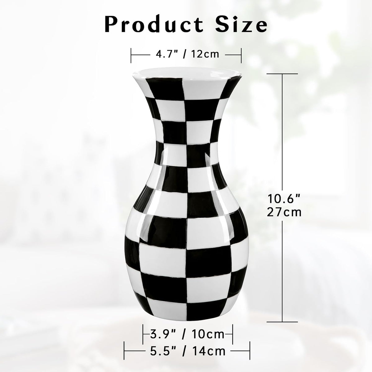 Black and White Ceramic Vase 11" Checkered Flower Vase with Wide Mouth