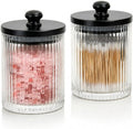 Mason & Fable Ribbed Glass Bathroom Jars | Set of 2 Farmhouse Style Storage Canister with Airtight Black Wooden Lids | Cotton Pad/Swab/Q tip Holder/Bath Salt/Clear Vanity