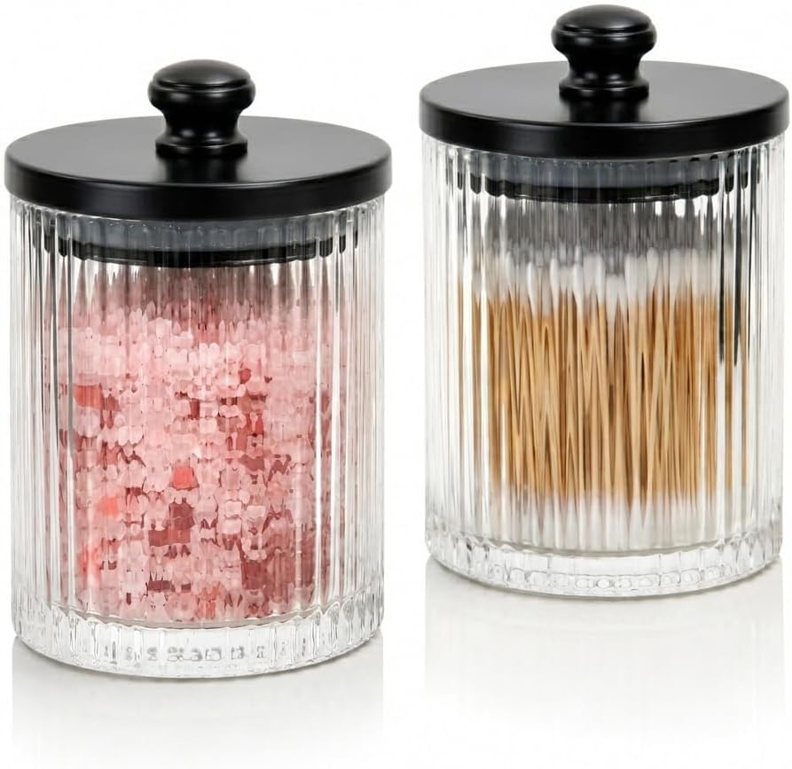 Mason & Fable Ribbed Glass Bathroom Jars | Set of 2 Farmhouse Style Storage Canister with Airtight Black Wooden Lids | Cotton Pad/Swab/Q tip Holder/Bath Salt/Clear Vanity