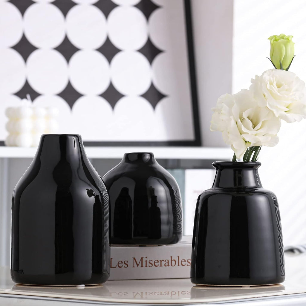hjn Black Small Vase Set of 3 for Modern Home Decor,Ceramic Vases for Centerpieces Flower Vases for Living Room Wedding/Dinner Table/Party-Black