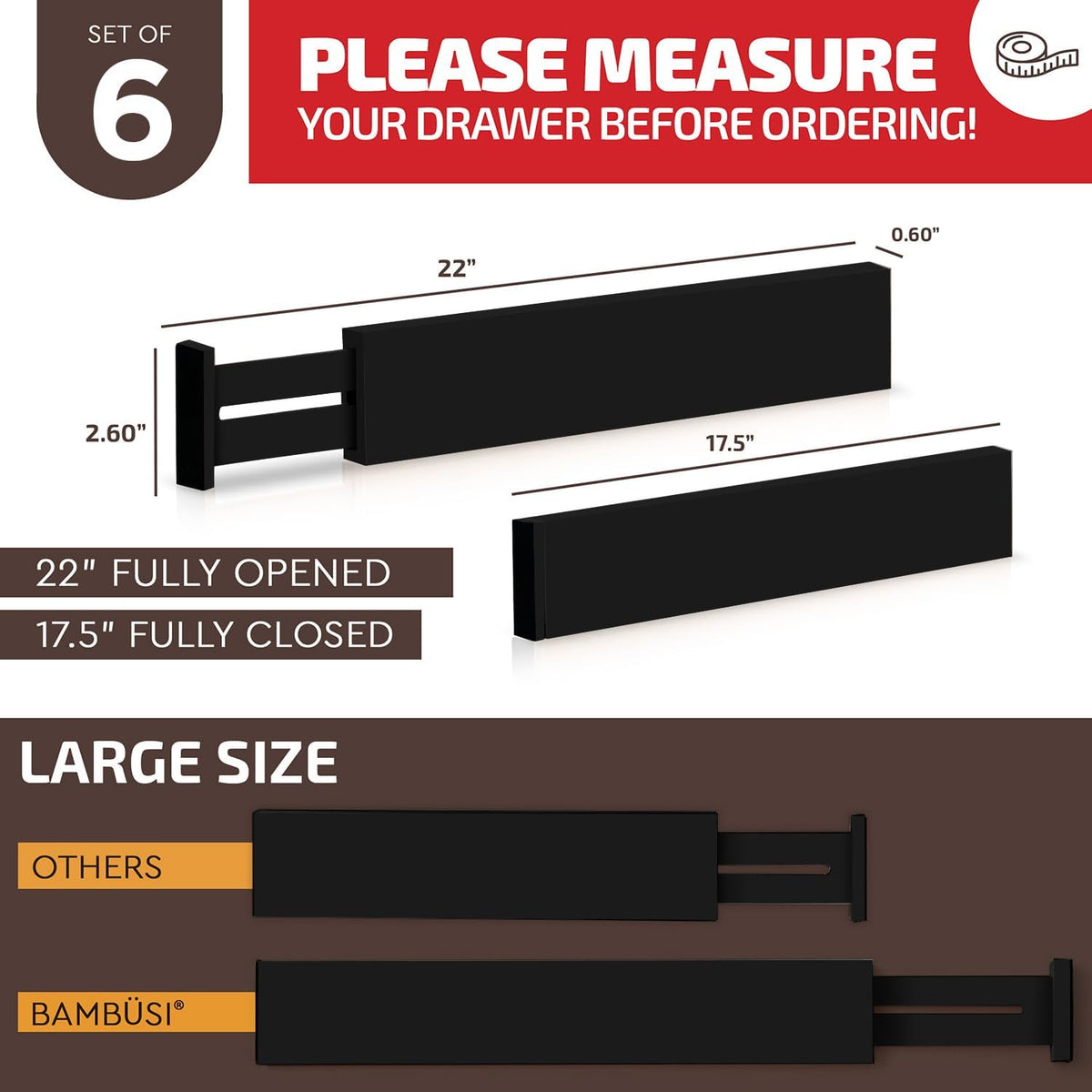 6-Pack Drawer Dividers 2.6-Inch High Dresser Organizer 16 to 22 Inch, Black