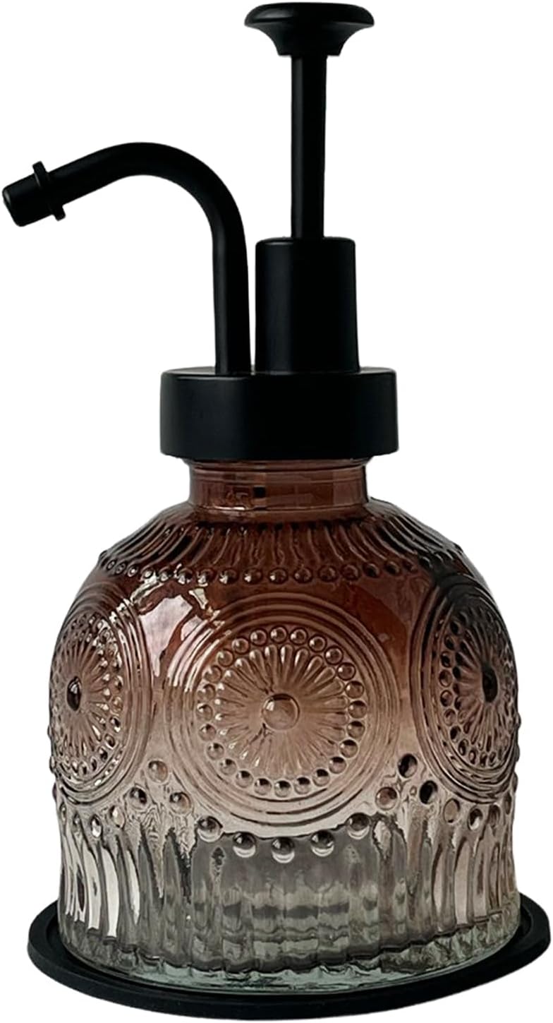 Vintage Glass Soap Dispenser for Bathroom and Kitchen - Farmhouse Antique Style, Cute Small Liquid Hand Soap Pump, Rustic Decorative (Brown)