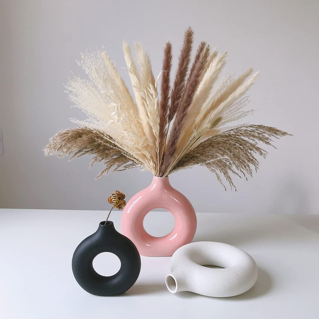 White Ceramic Vases for Pampas Grass,Water Drop Design Doughnut vase Modern Home Decor Minimalist Nordic Boho Ins Style (Black Mini)