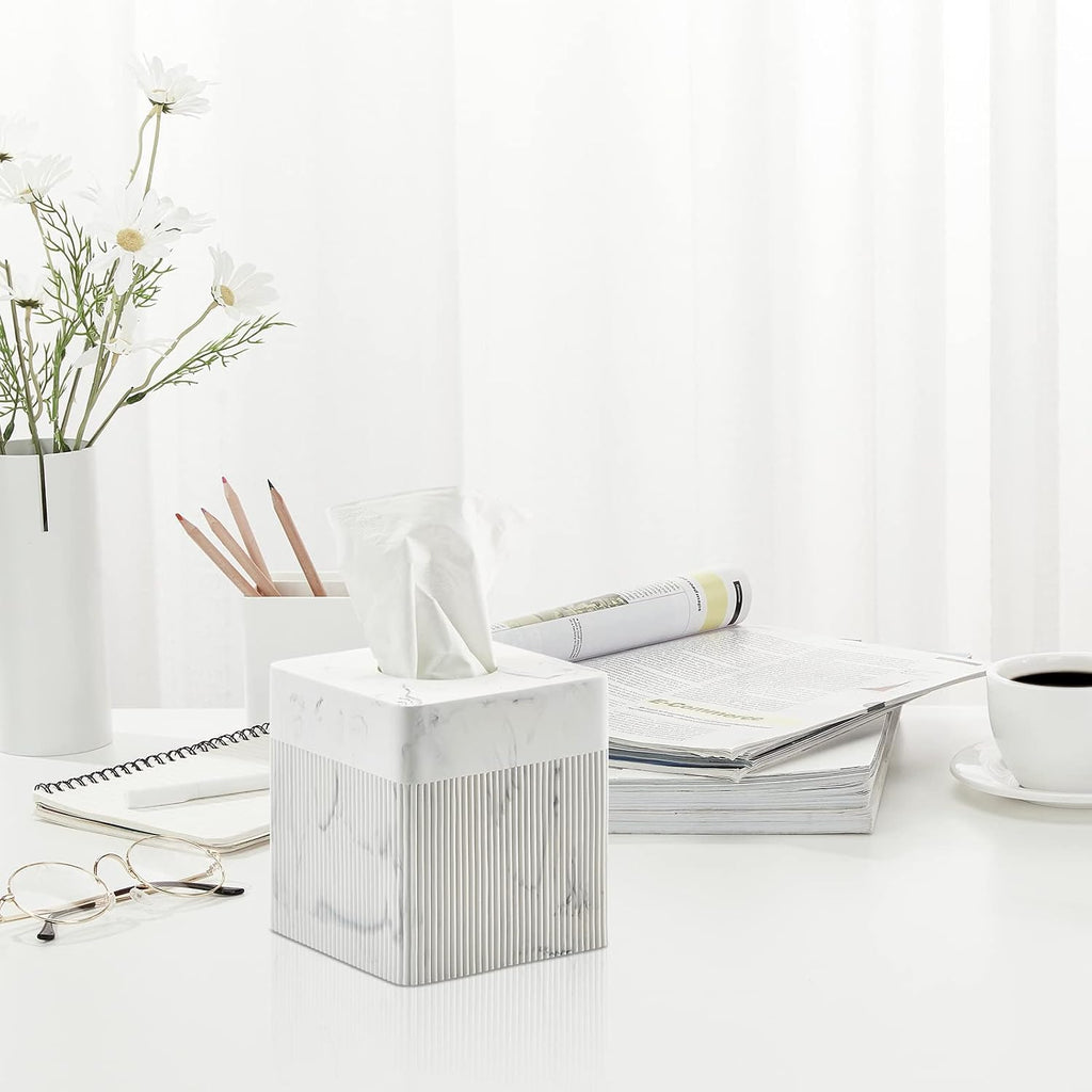 White Tissue Box Cover Square Resin Tissue Holder for Home Decor, Hand Poured Marble Ribbed Cube Tissue Box Holder – 5.5 Inch Heavy Duty Luxury Tissue Box Case for Bathroom, Living Room, Office