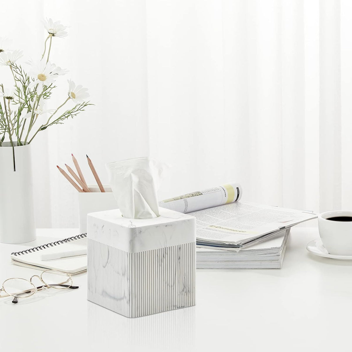White Tissue Box Cover Square Resin Tissue Holder for Home Decor, Hand Poured Marble Ribbed Cube Tissue Box Holder – 5.5 Inch Heavy Duty Luxury Tissue Box Case for Bathroom, Living Room, Office