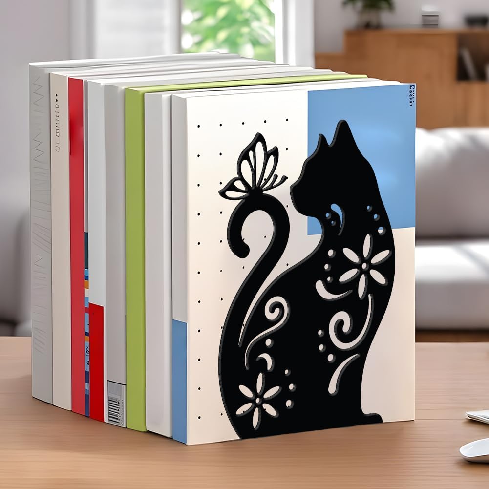 WADORN Cat Flowers Metal Bookends for Shelves Decorative 1 Pair, Animal Heavy Duty Books End Support Non-Skid Book Holder Black L-Shaped Book Stopper for Home Office Desk Book Divider, 4.7x3.5x7 Inch
