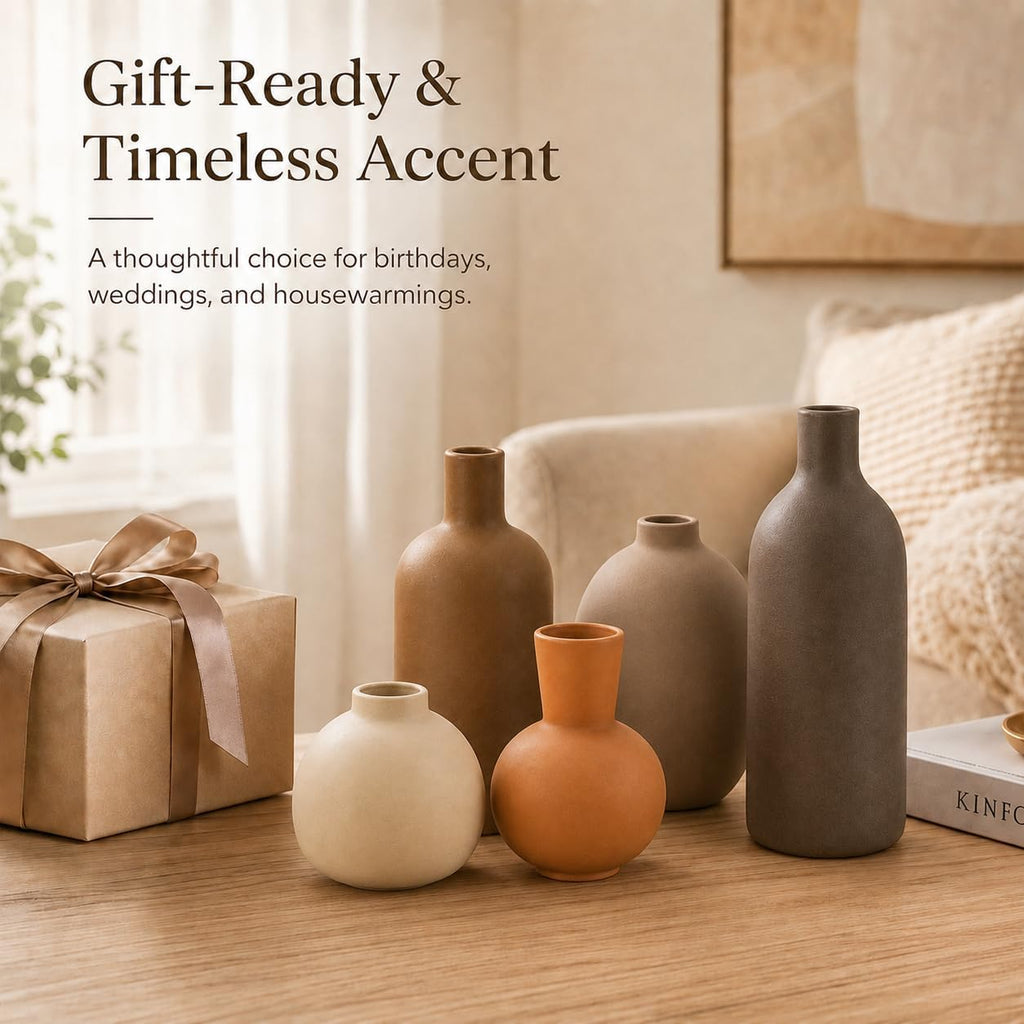 Small Neutral Ceramic Vase Set – Cute 5 Matte Earth-Tone Vases for Japandi, Scandinavian, or Minimalist Home Decor, Table, Entryway, Shelf & Mantel Styling