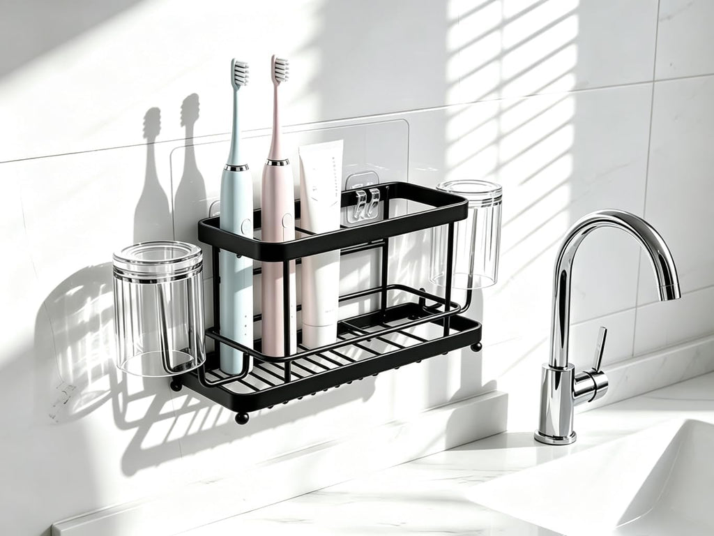 Toothbrush Holder, Wall Mount & Countertop, 2 Cup Hooks Black Metal