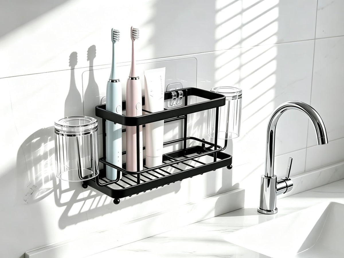 Toothbrush Holder, Wall Mount & Countertop, 2 Cup Hooks Black Metal