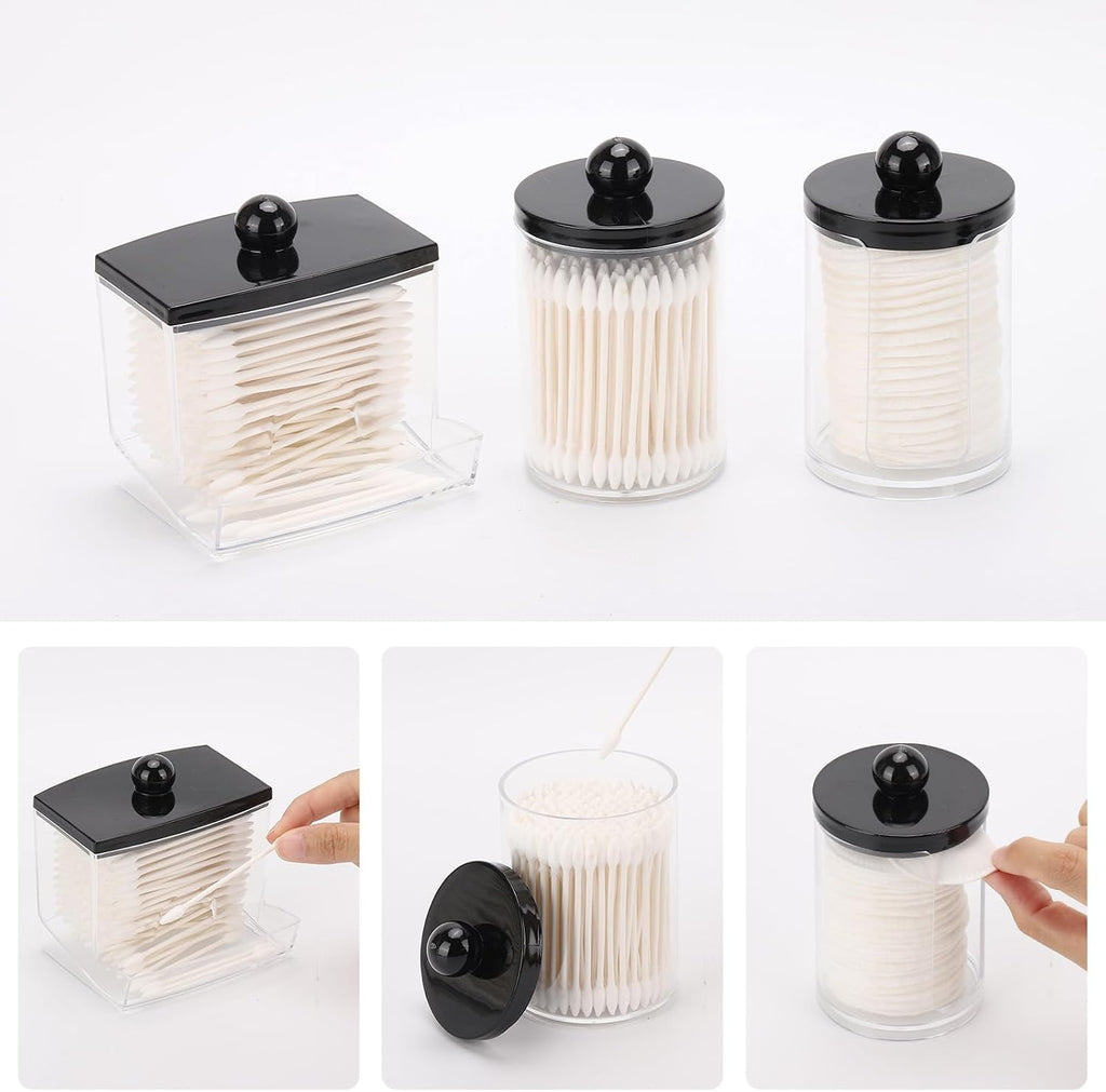 Tbestmax 3 Pack Qtips Holder Dispenser - Bathroom Organizers and Storage Containers, Plastic Apothecary Jars with Black Lids for Cotton Swab, Cotton Round Pads, Floss