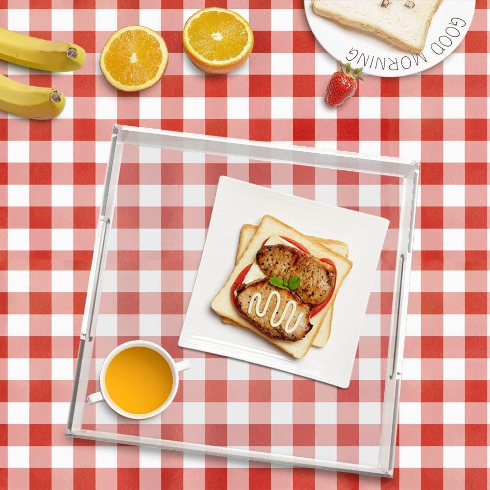Acrylic Serving Tray (12x12x2Inch) with Handles -Spill Proof- Clear Decorative Tray for Appetizer,Breakfast -Countertop Organizer Storage Tray for Kitchen,Bathroom,Living Room