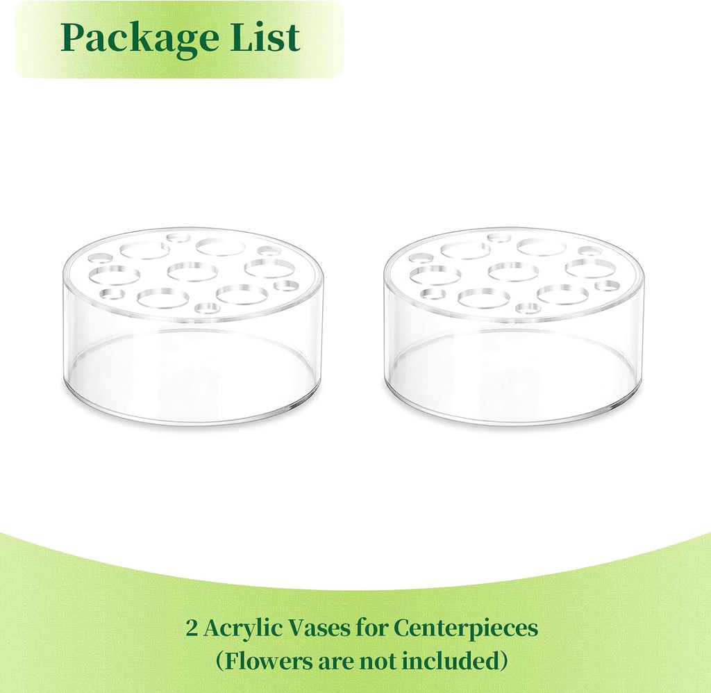 Acrylic Flower Vases for Centerpieces Round – Hewory 2pcs Short Clear Floral Vase with 13 Holes, Box Arranger Bulk Low Base Holder for Wedding Birthday Party Event Dining Table Decor, 2.56"(H)×5.9"(D)