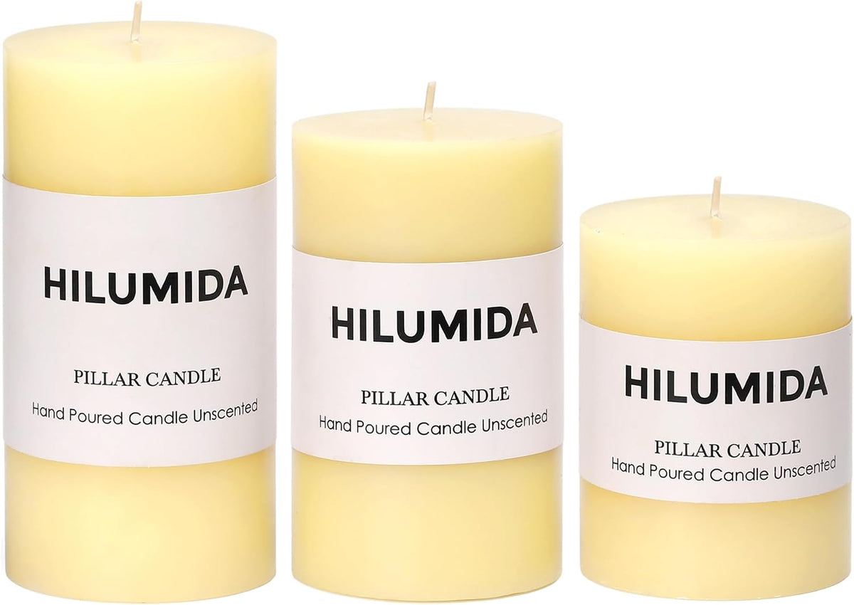 Ivory Pillar Candles Set of 3 - Hand-Poured Unscented Candles, 4", 5", 6" Smokeless Decorative Candles for Home, Set of 3 in Different Sizes