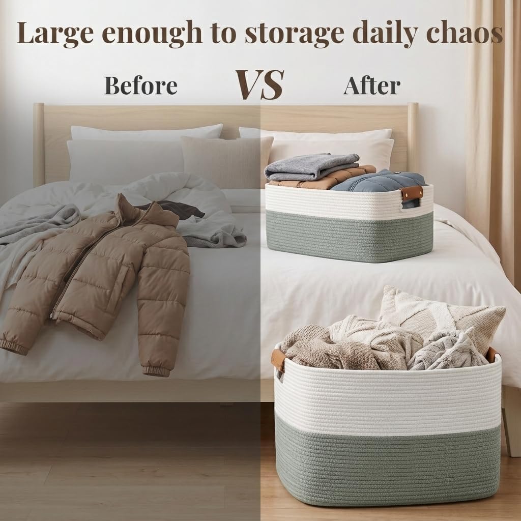 Danpinera 70L Large Woven Blanket Basket for Living Room White & Sage Green
