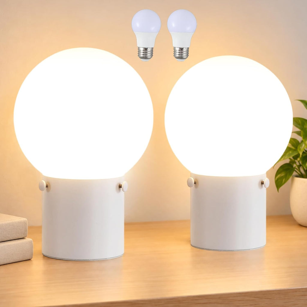 White Table Lamp Set of 2, Small Bedside Lamp with Frosted Glass Shade