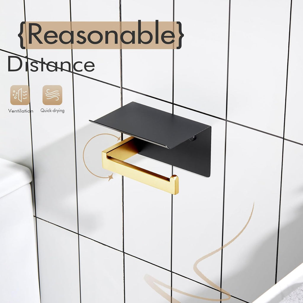 KOKOSIRI Toilet Paper Holders with Shelf Bathroom Toilet Paper Roll Holder Wall Mounted T-304 Stainless Steel, Matte Black and Gold B2010GDK (Pack of 2)