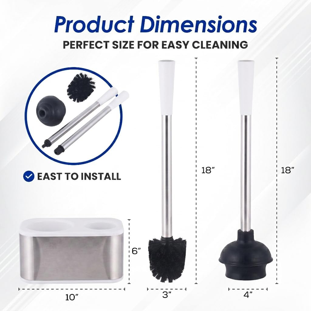 Stainless Steel Toilet Brush and Holder Set - Modern Toilet Brush and Plunger Set - Bathroom Essentials (White)
