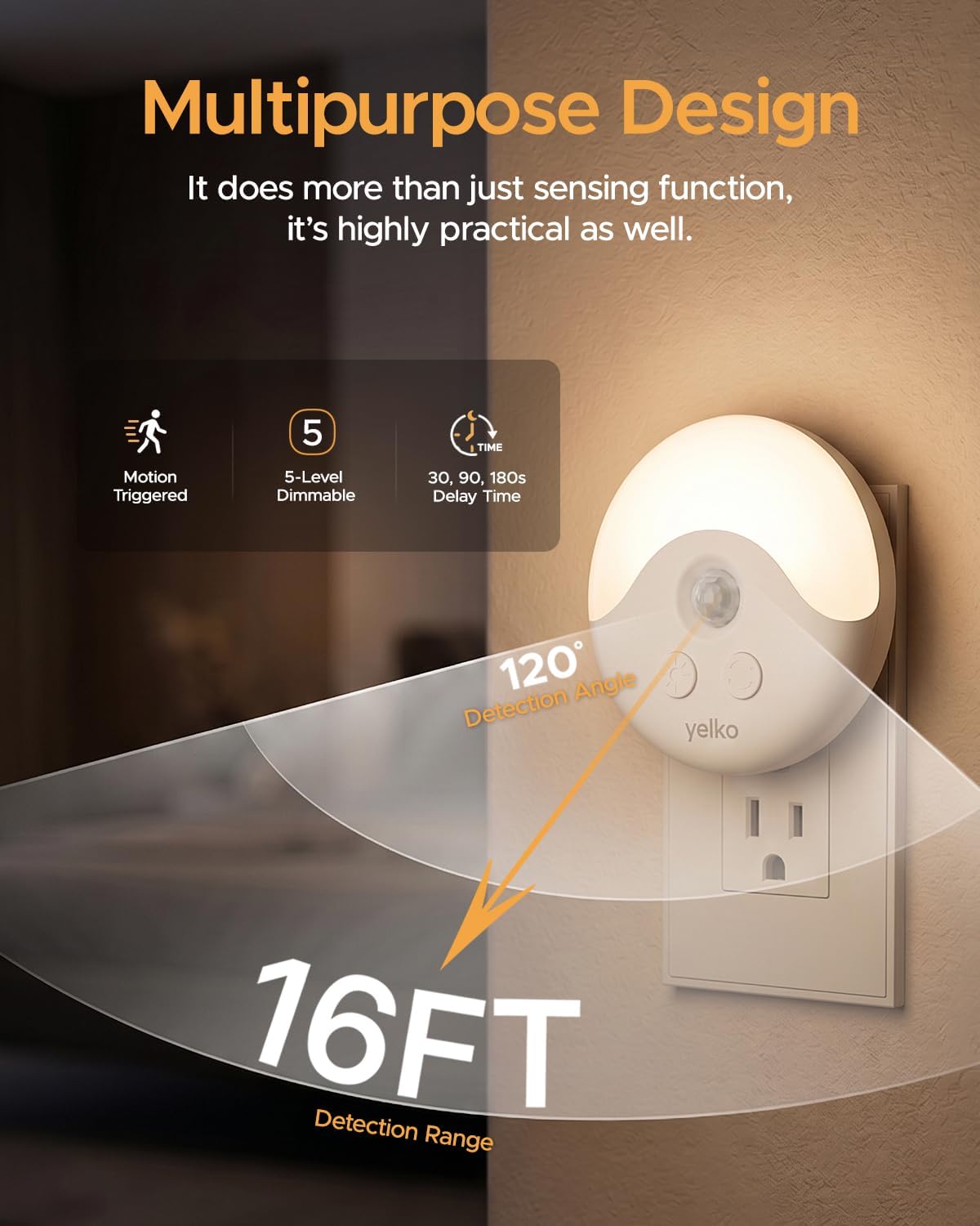 YELKO Plug-in LED Night Light, Motion & Dusk to Dawn Sensor Lights, 2Pack