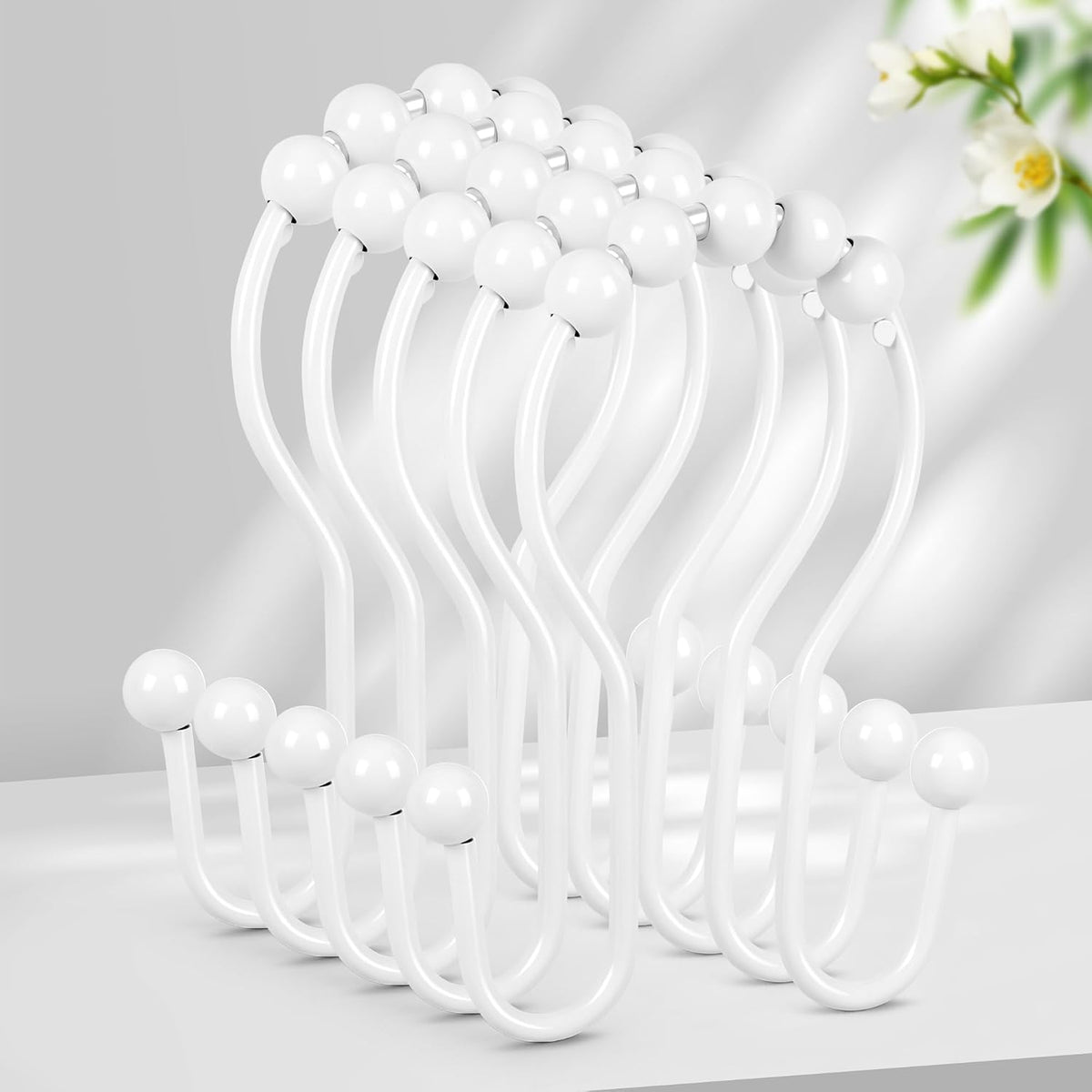 Resze 12PCS Shower Curtain Hooks, Sturdy Metal Shower Curtain Rings(White)