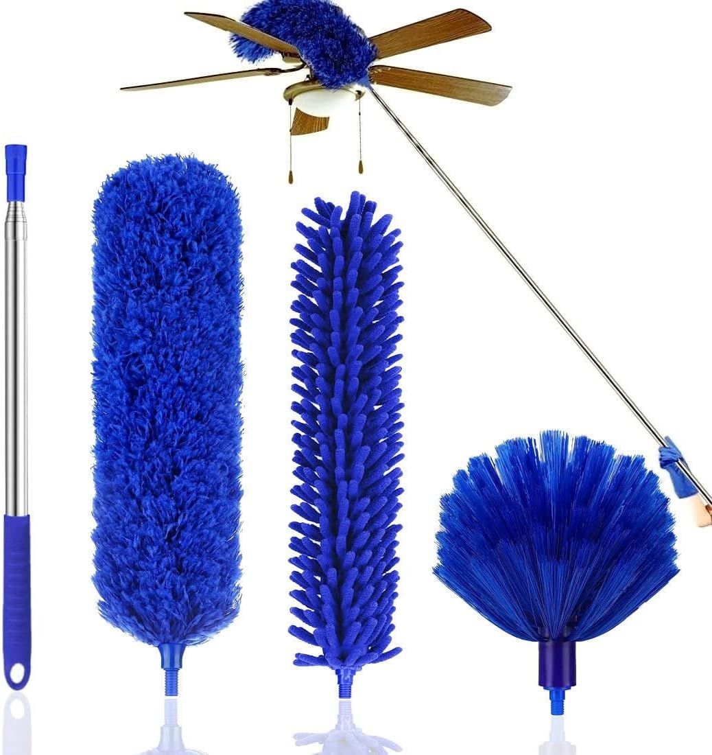 Microfiber Duster Kit High Reach Ceiling Fan Duster with Extendable Pole 100" Telescoping Cobweb Duster for Cleaning, Bendable Head Washable Duster for Ceiling, Fan, Furniture