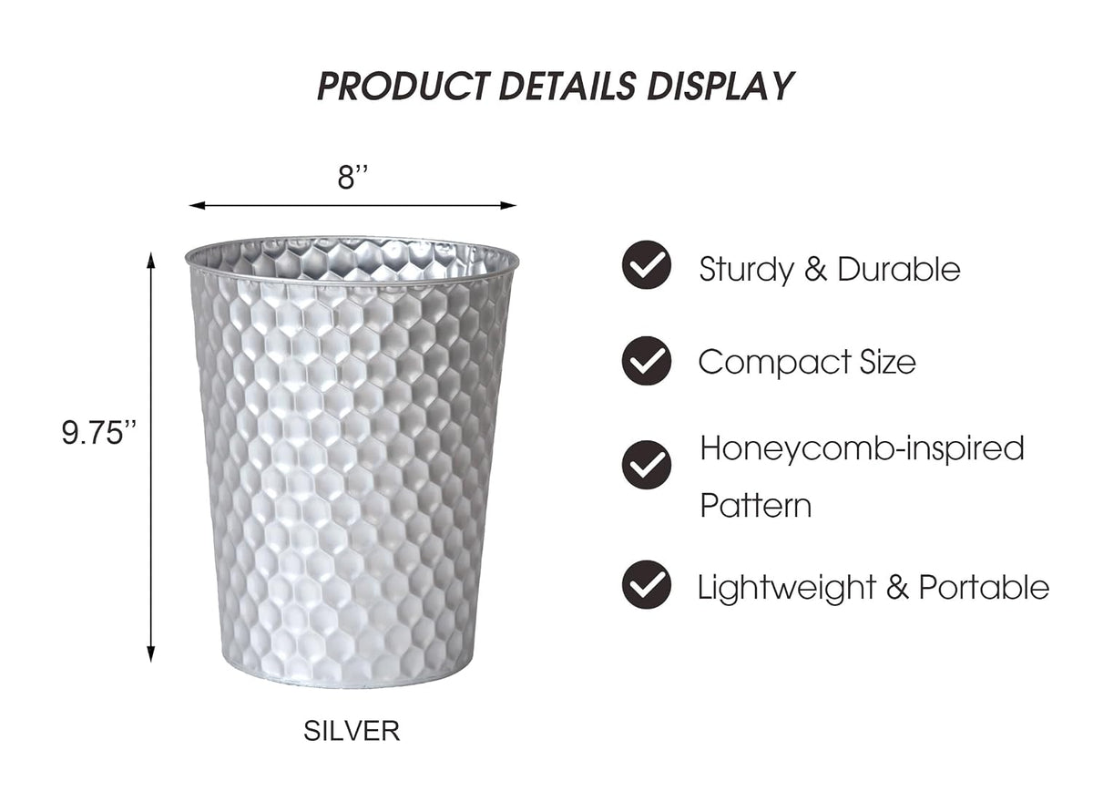 Venalys Small Metal Trash Can Wastebasket, Decorative Honeycomb Garbage Can Waste Basket, Modern Farmhouse Round Trash Bin for Bathroom, Bedroom, Kitchen and Office (Silver)