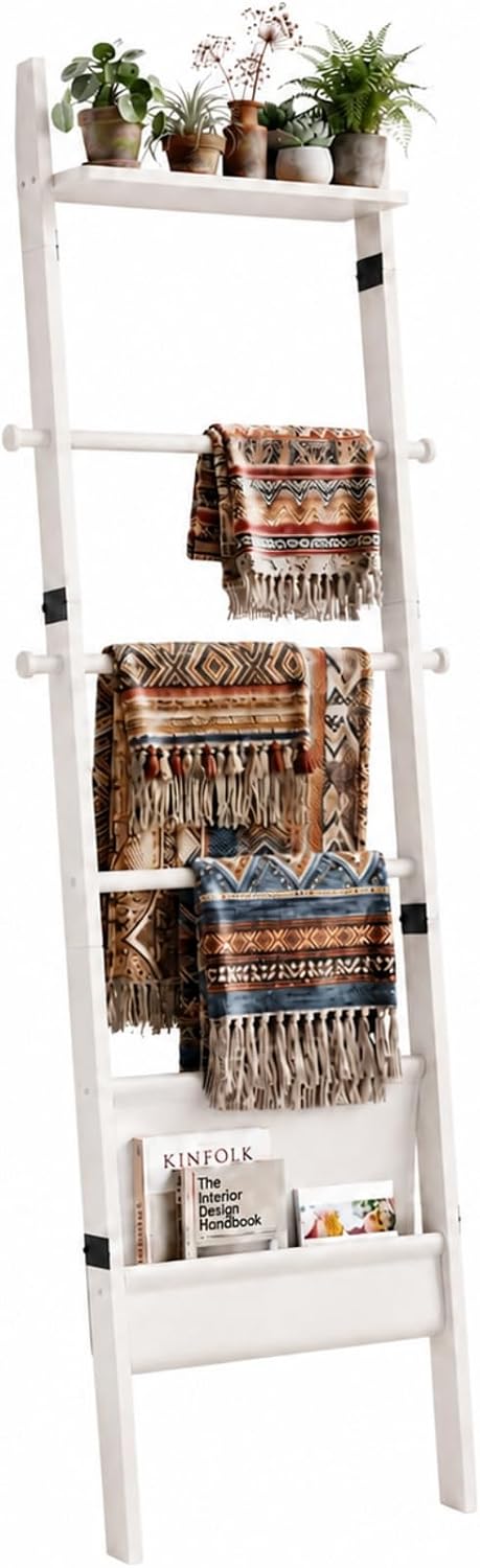 BAMBANG 71" 4-in-1 Blanket Ladder for Living Room, 5-Tier Leaning Bamboo Decorative Towel & Quilt Rack with Magazine Leather Pocket, 4 Detachable Hanging Bars, Space-Saving Shelf for Bedroom (White)
