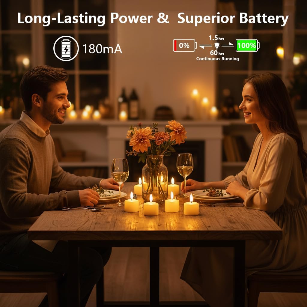 Flameless Rechargeable Tea Lights with Remote Timer - LED Electric Candles Realistic Flickering for Valentines Decor, Wedding Table, Home Decoration 12-Pack (Φ 1-1/2''×H 2'')
