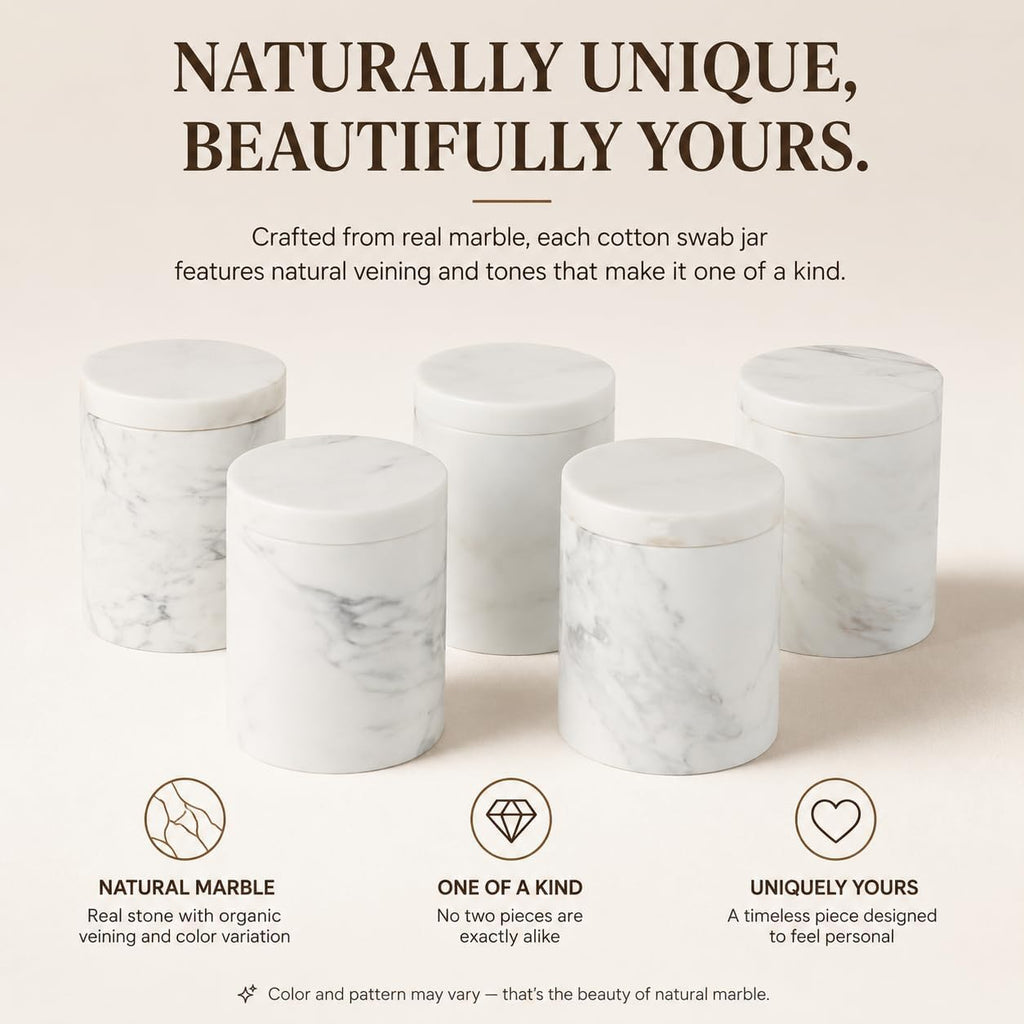 Natural Marble Canister, Qtip Holder With Lid For Cotton Swabs