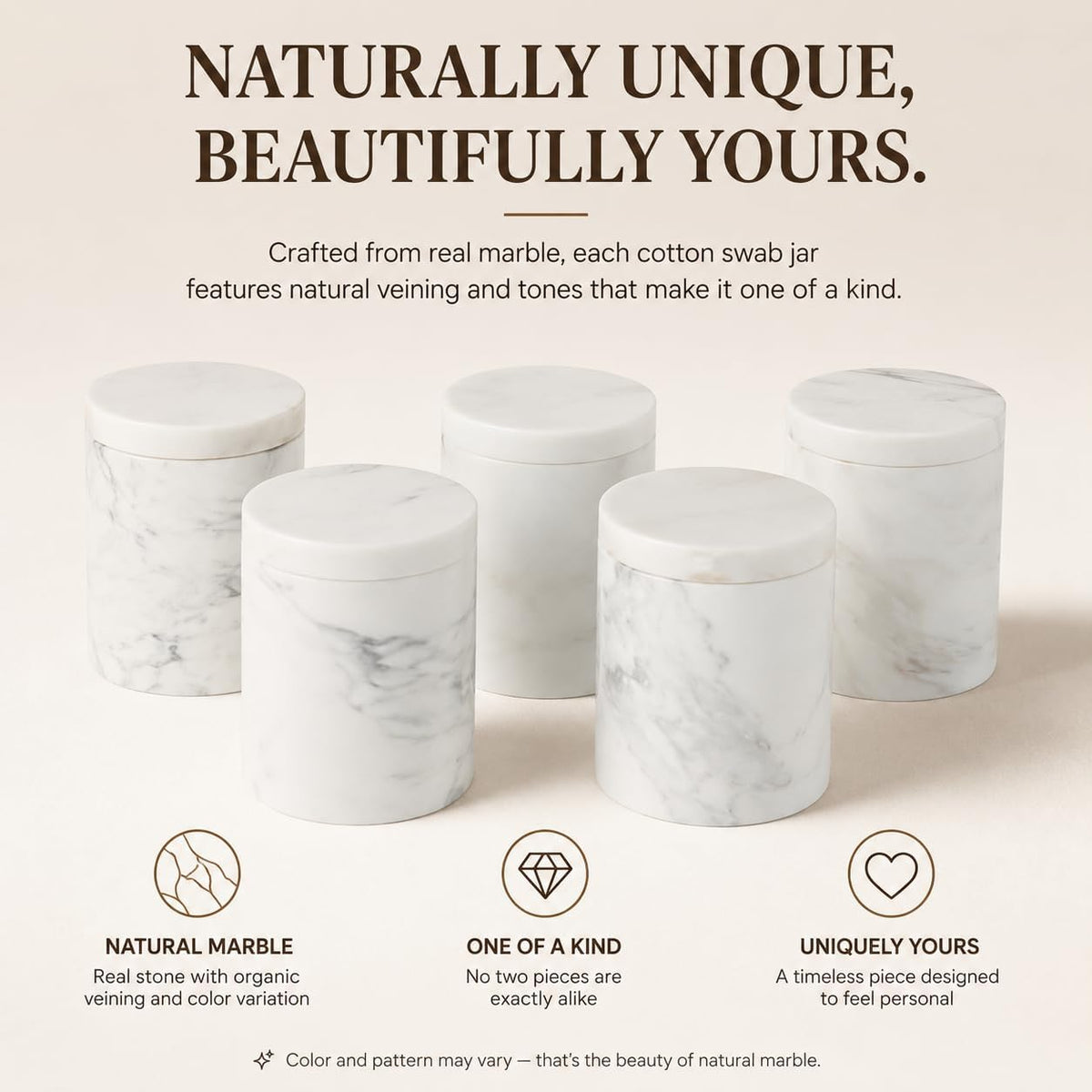 Natural Marble Canister, Qtip Holder With Lid For Cotton Swabs