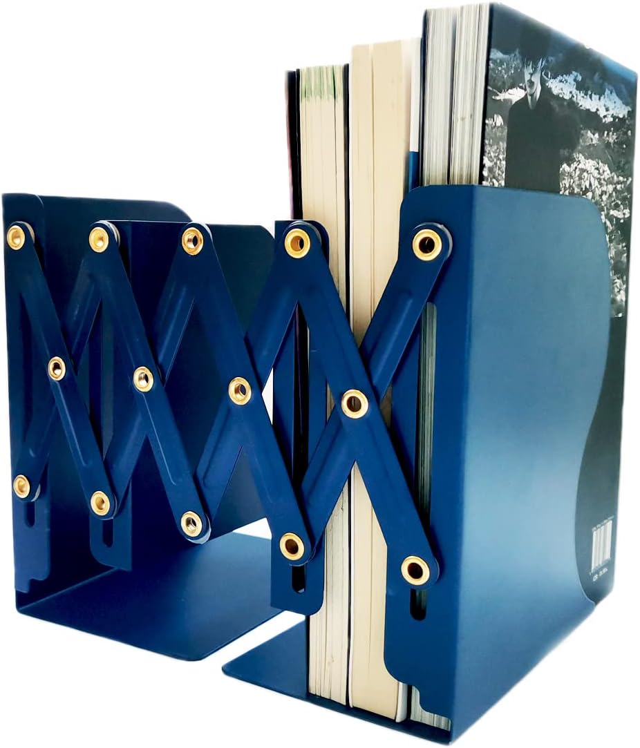 Metal Bookends for Heavy Books, Sturdy Book Stopper to Hold Books Heavy Duty, Adjustable Book Ends for Office & School (Blue)