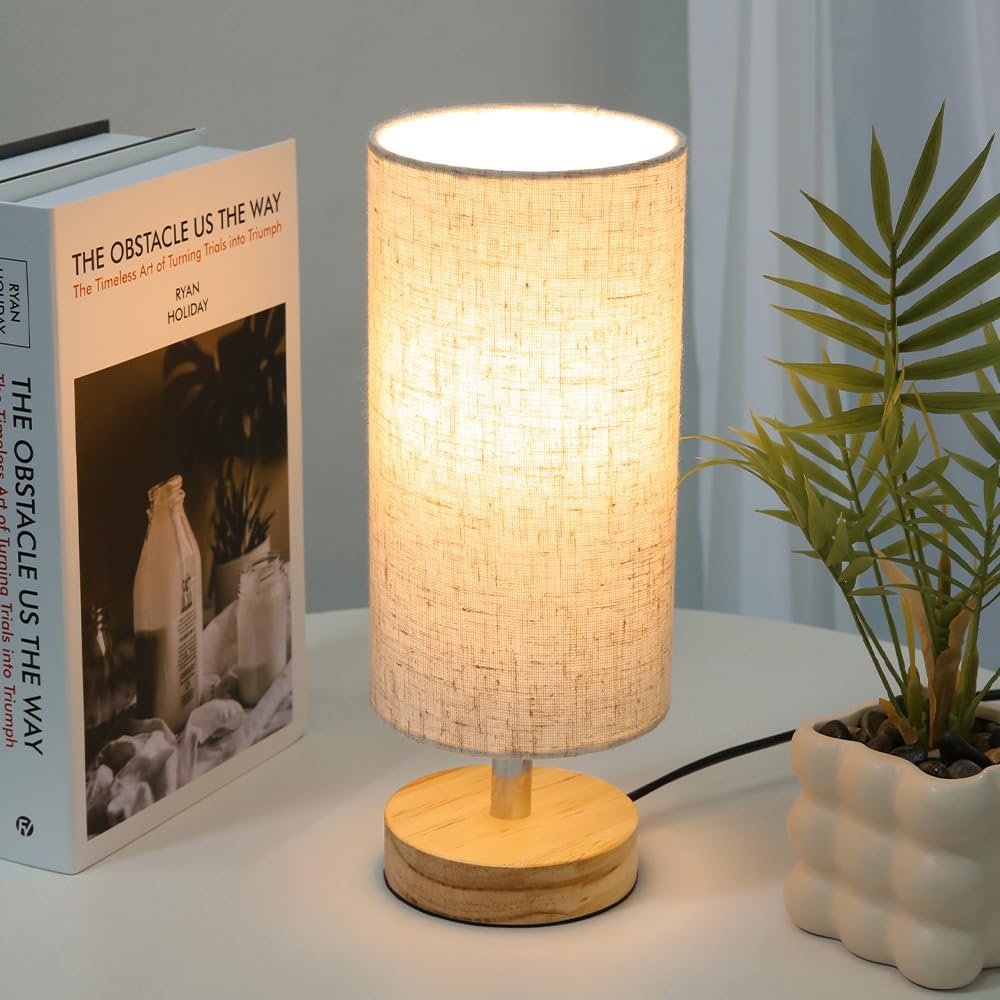 Bedside Table Lamps, Table Lamp for Bedroom, Lamps for Night Stands with Linen Lampshades, Small Table Lamp for Living Room, Office (Bulb Excluded) (Wood)