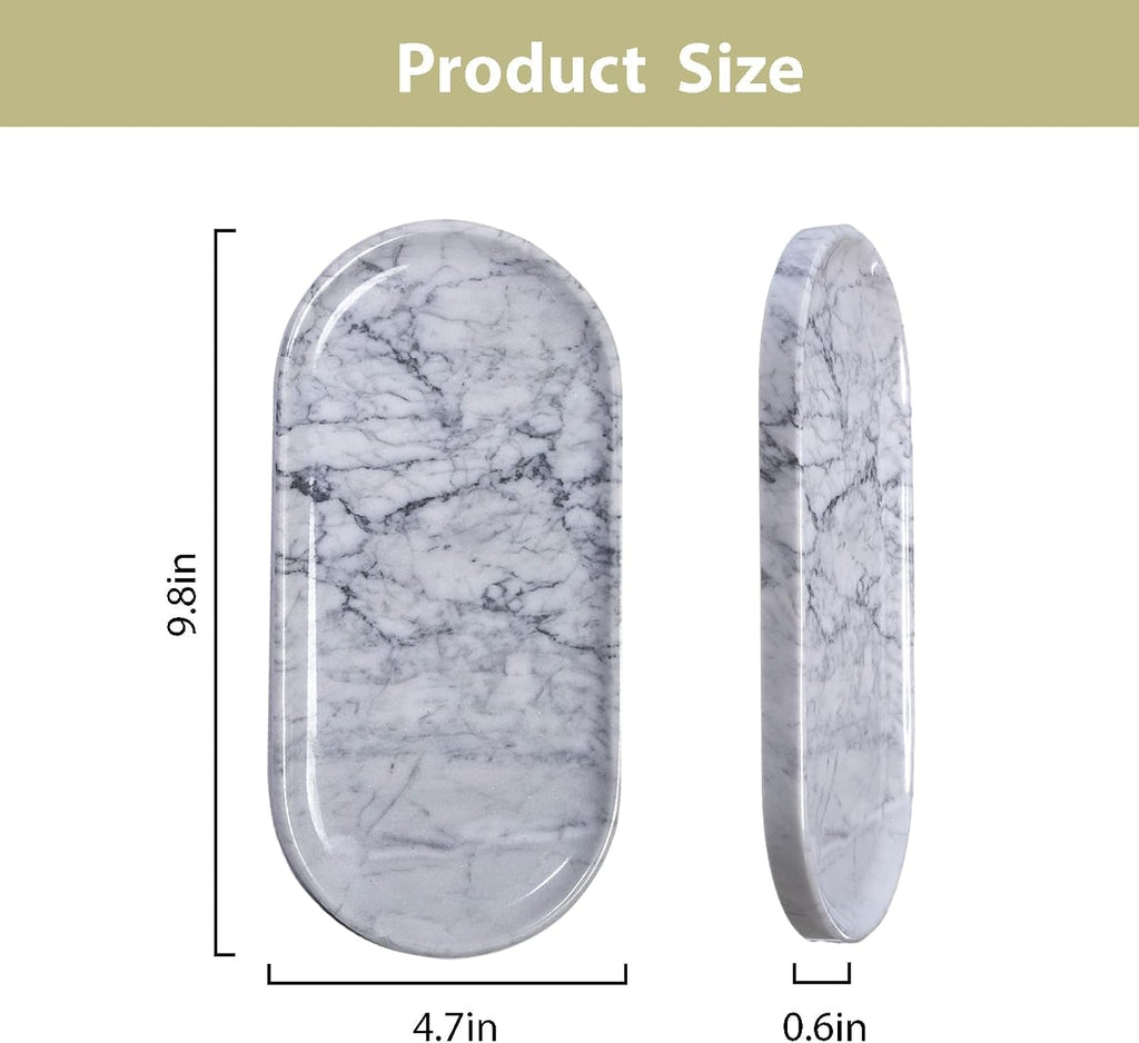 Natural Marble Tray 9.8”x4.7”x0.6” | Hand-Polished Oval Stone Tray for Bathroom Vanity & Jewelry Display – Durable, Unique Vein Patterns (Carrara White)