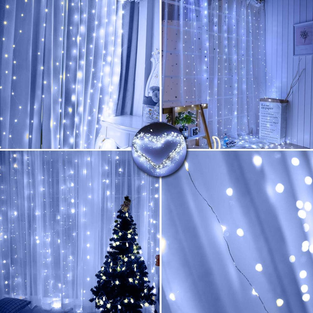 Curtain Lights 300 LED String Lights, Hanging Window Lights USB Powered 8 Mode & Timer Remote Dimmable Copper Lights for Bed Canopy, Home, Girls Bedroom, Party, Wall Decor-9.8ft x 9.8ft(Cool White)