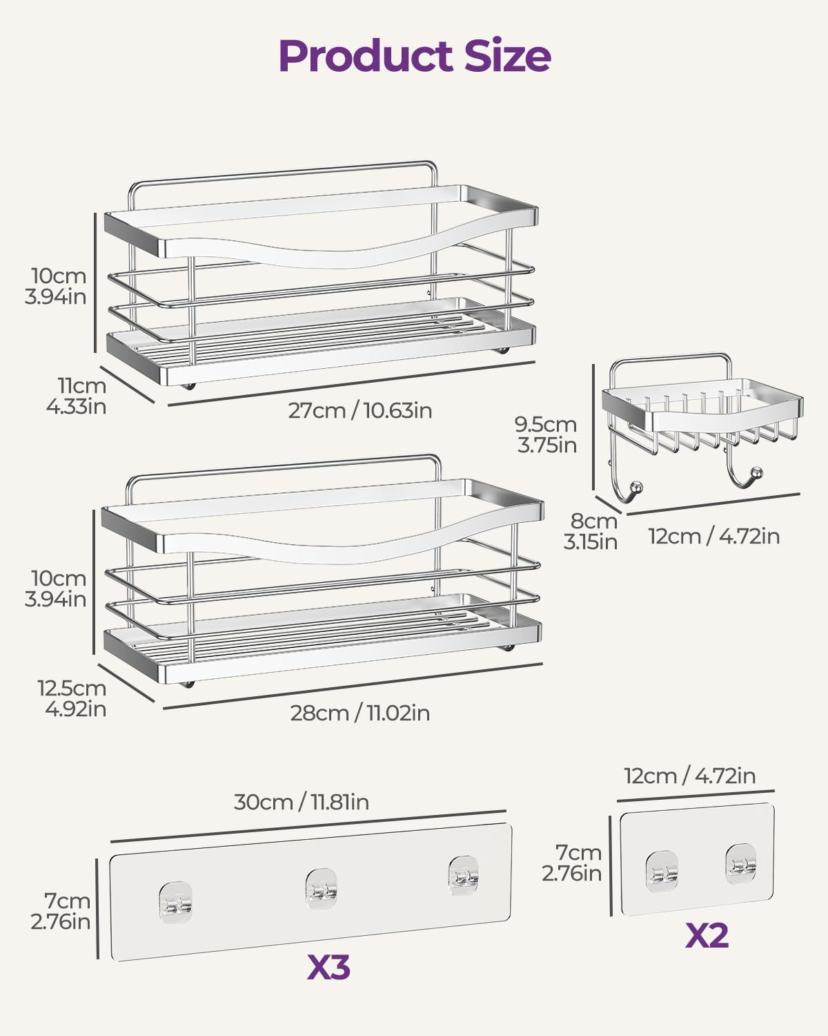 ODesign 3 Pack Adhesive Shower Caddy,Rustproof Shower Shelves Rack,Silver