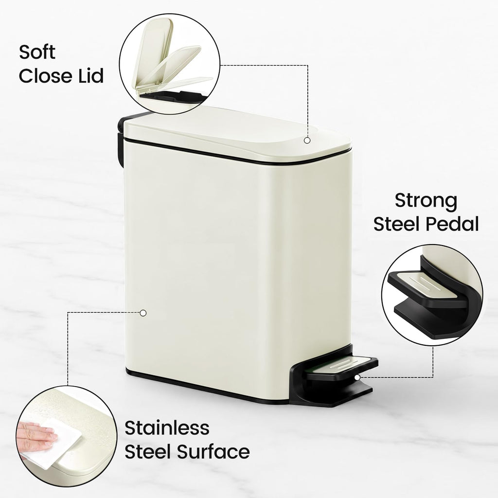 TIPGO Small Bathroom Trash Can with Lid, 1.6 Gal, Soft Close, Cream