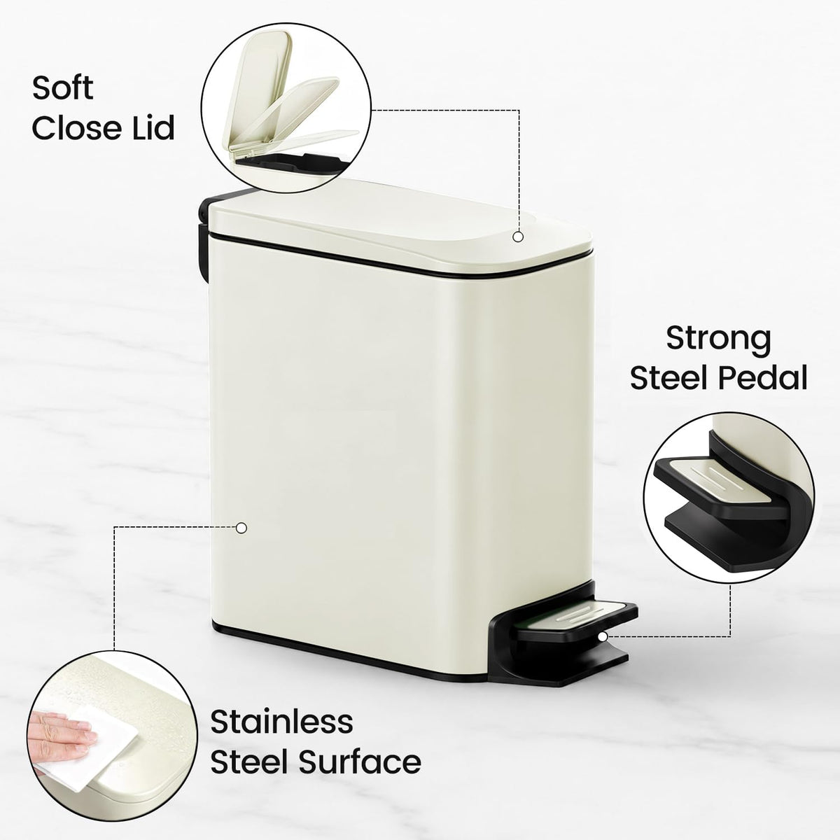 TIPGO Small Bathroom Trash Can with Lid, 1.6 Gal, Soft Close, Cream