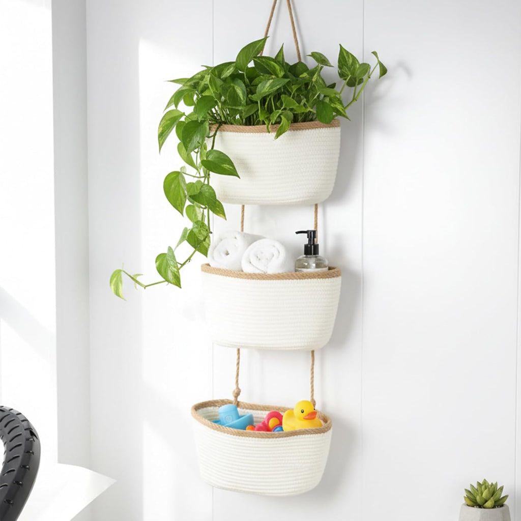 TeoKJ Over the Door Hanging Storage Basket Wall Organizer White&Dark Brown