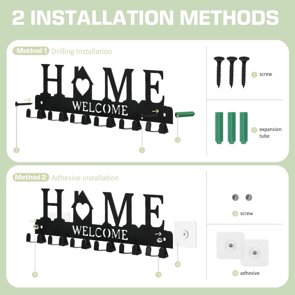Key Holder Wall Mount, Adhesive Key Hanger with 12 Hooks, Black