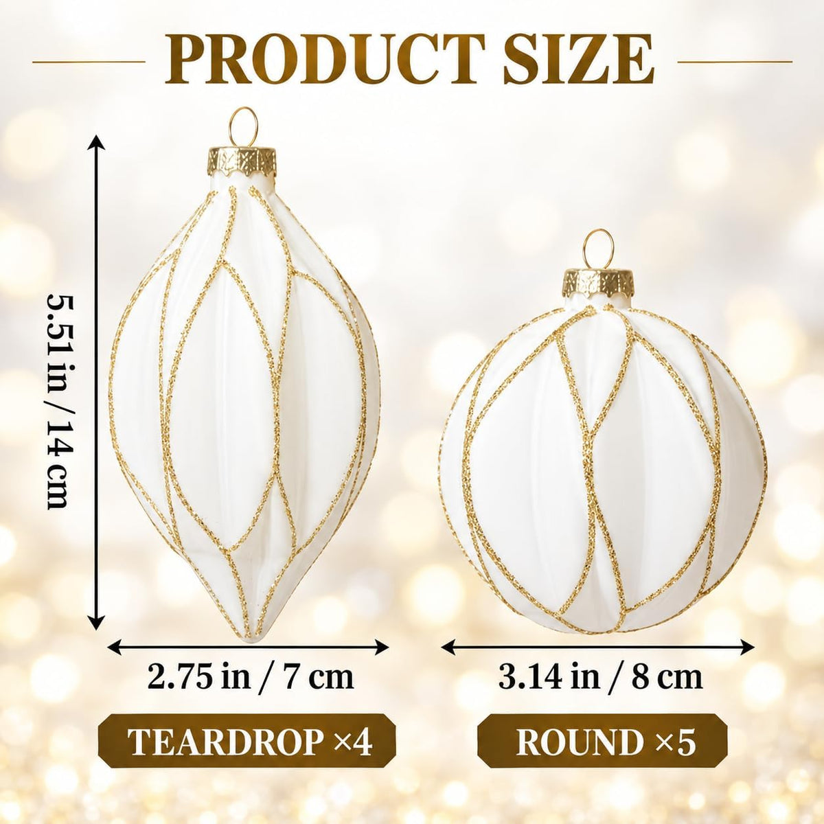 WDS WONDROUS Christmas Ornaments White and Gold Line, Glass Christmas Ball