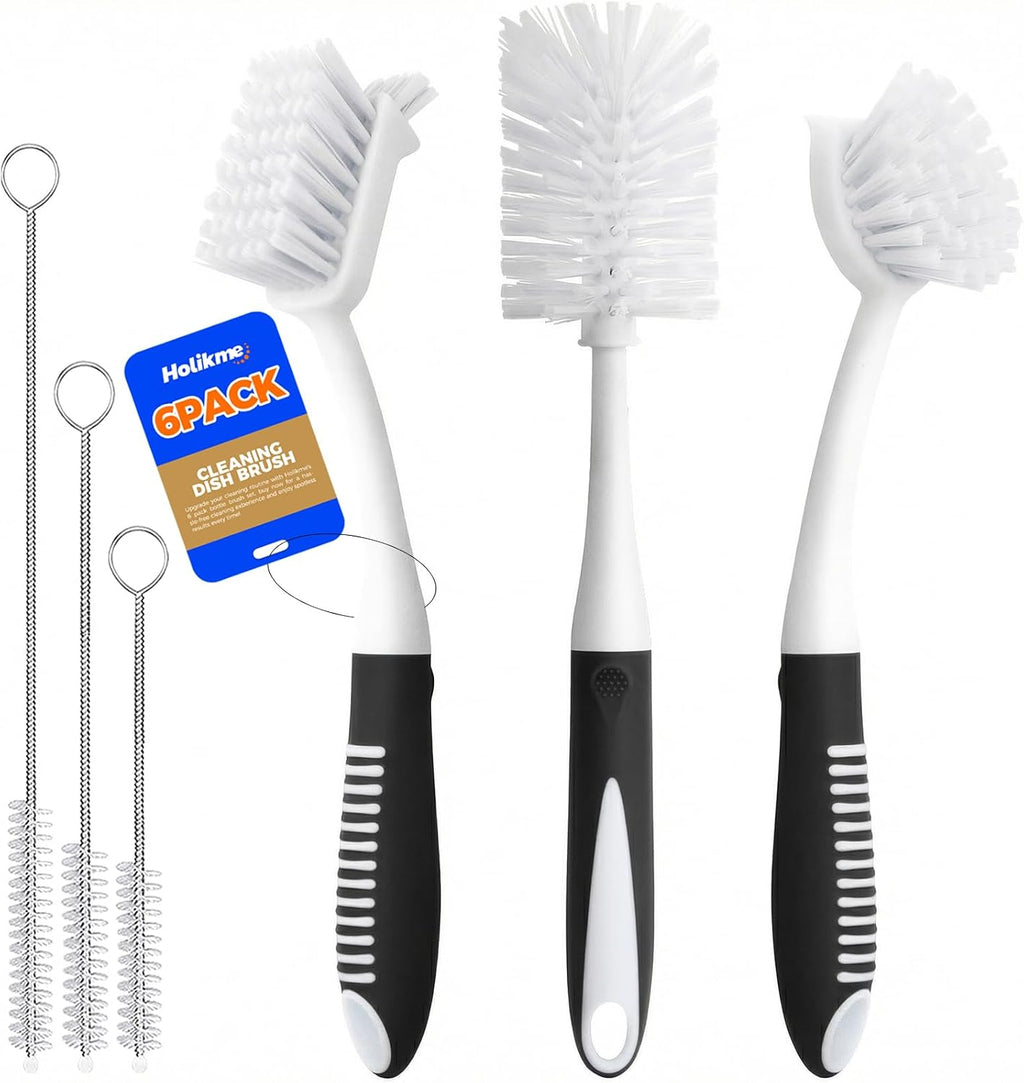 Holikme 6 Pack Dish Brush Set with Bottle Brush, Dish Scrub Brush,Black