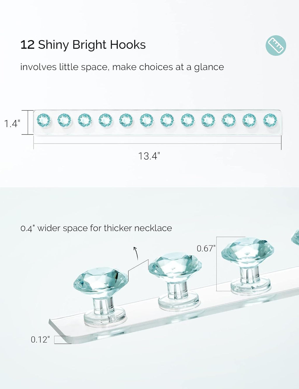 Mymazn Acrylic Necklaces Holder Wall Mounted Necklace Hangers Hanging Jewelry Organizer with 12 Hooks, Clear Jewelry Hangers for Necklace Organizer for Girls Women, Necklace Hooks for Wall, Closet