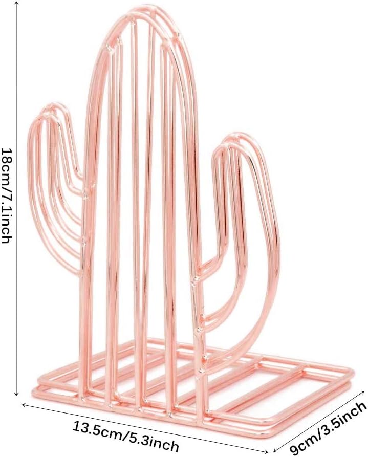 Winterworm Metal Bookends Book Ends Heavy Duty Modern Decorative for Bedroom Library Office School Book Display Desktop Organizer Gift (Cactus Rose Gold)